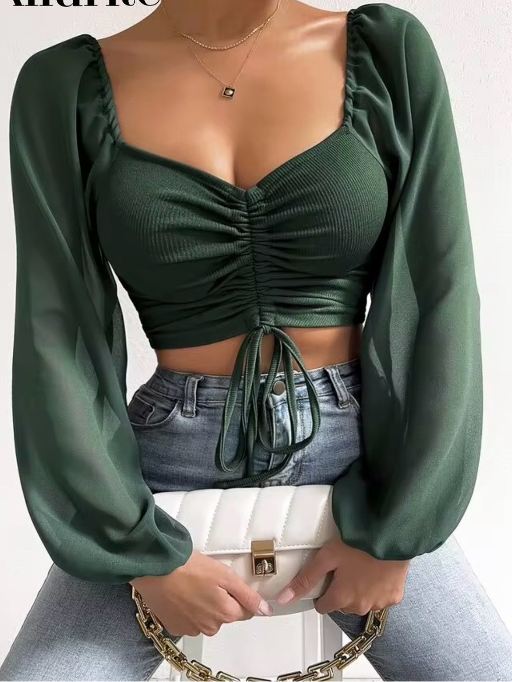 Sexy Green Ruched Long-Sleeve Crop Top - Elegant Square Neck